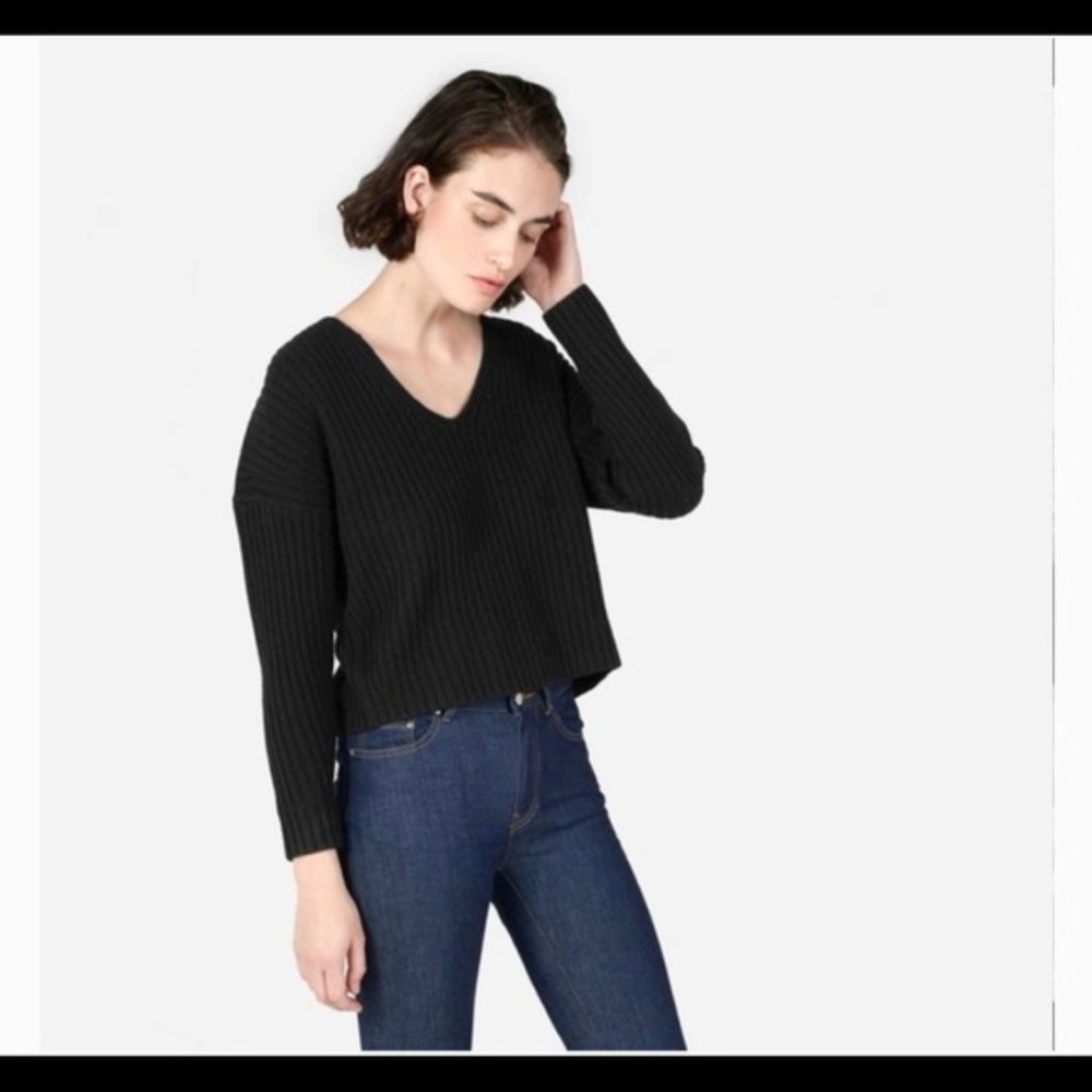 Everlane Black Textured Cotton V-neck sweater, size M.
